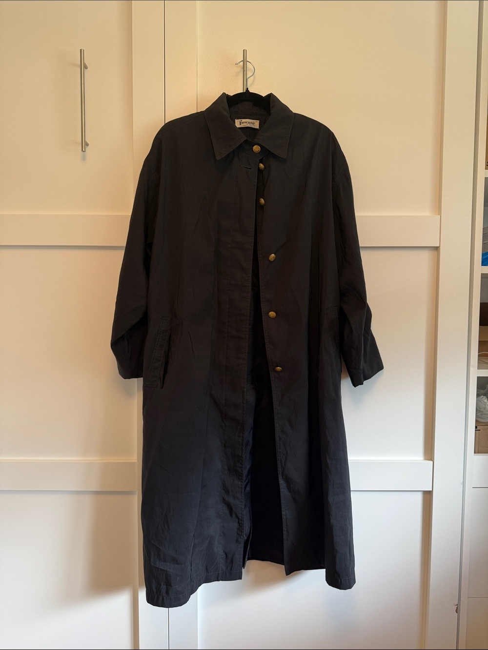 Vintage Black Nylon Button-Front Long Coat